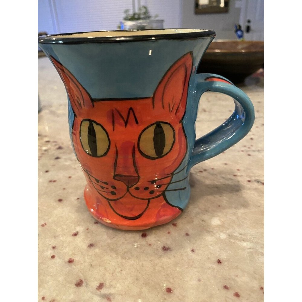 Clay Studio Art Cat Mug Cup Orange Tabby Crazy Cat Lady Blue Vintage 1996 Signed